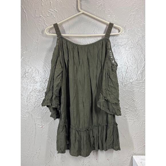 Knox‎ Rose Womens Olive Green Prairie Boho Cold Shoulder 3/4 Sleeve Top Large - Picture 2 of 4